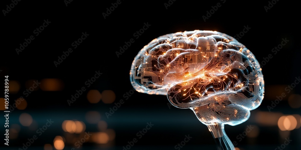 Poster a digital representation of a brain with glowing circuits and complex networks, illustrating the int