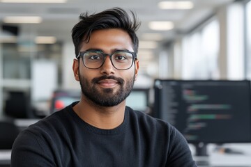 Obraz premium A tech professional with glasses sits comfortably in a vibrant and welcoming office environment, emanating warmth and readiness for the challenges of the tech industry.