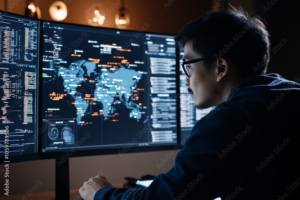 Poster a man with glasses focuses intensely on multiple monitors displaying global cybersecurity data and m
