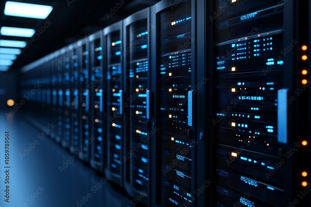 Poster a high-tech server room featuring rows of illuminated blue server racks, highlighting the importance