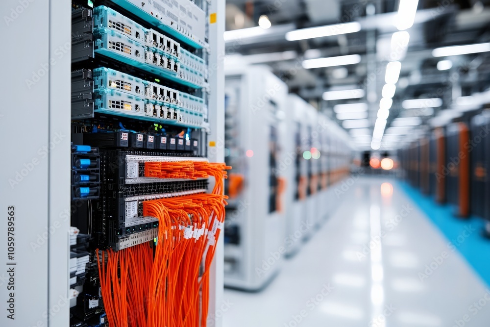 Poster this image captures network cables neatly organized on a server panel, illustrating efficient data m