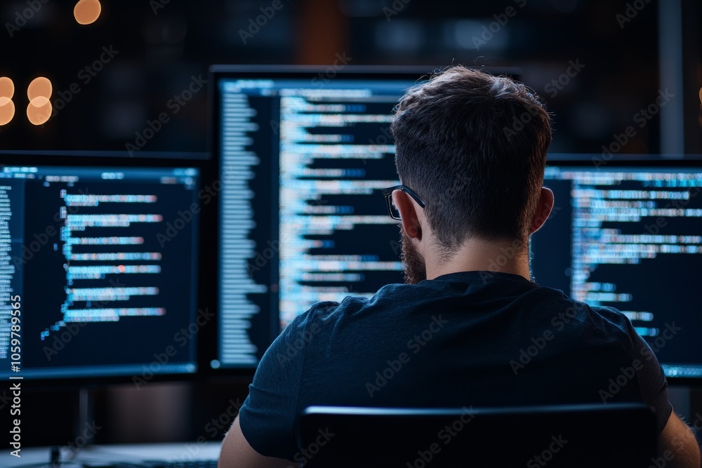 Poster a programmer intensely works on code displayed on multiple monitors, symbolizing the meticulous and 