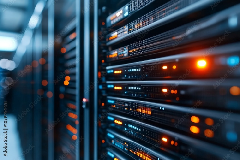 Poster the image shows a detailed view of bright, glowing led lights on a server rack, representing advance