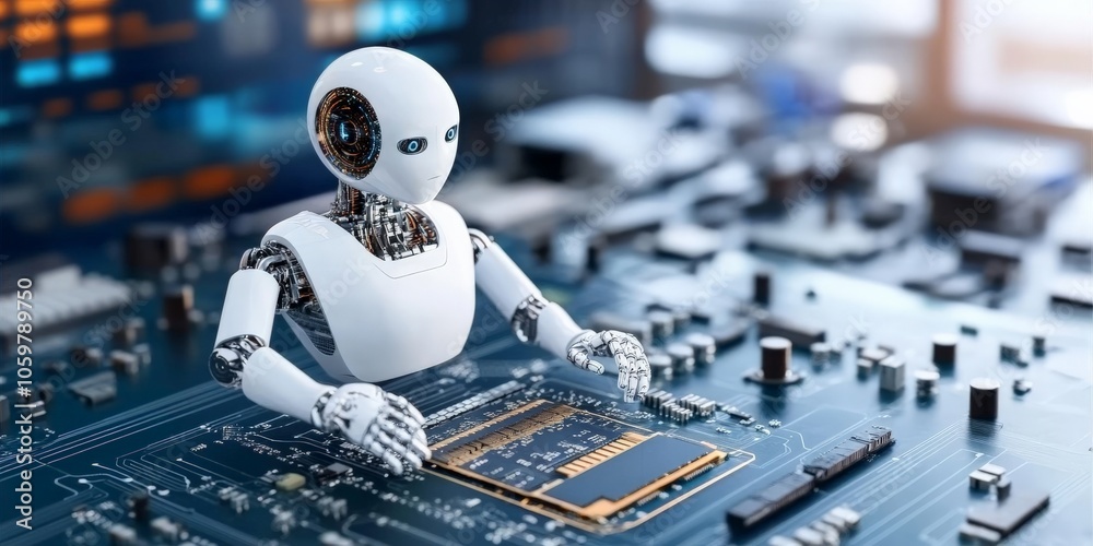 Poster a robotic figure meticulously assembling a microchip on a complex circuit board, symbolizing precisi