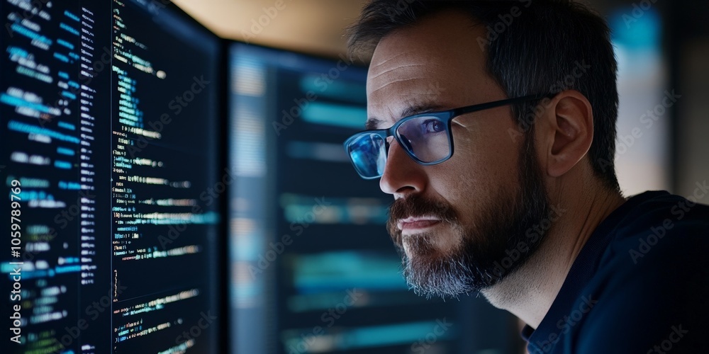 Poster a focused programmer reviewing code on screens in a dimly lit room, embodying concentration and dedi