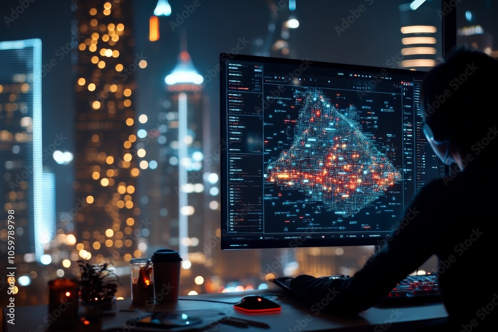 Poster a person attentively examining dynamic data visualizations on a large screen at night, with a citysc