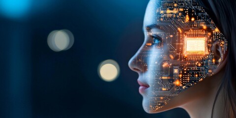 An artistic representation of a digital human face designed with glowing circuitry patterns, symbolizing the fusion of humanity and technology in digital age.