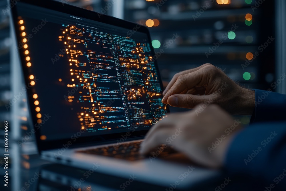 Poster hands skillfully type code on a laptop, surrounded by coding visuals and server lights, capturing so
