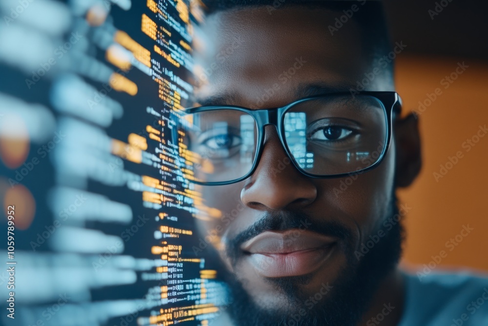 Poster a man stands confidently beside a swirling tapestry of code on a screen, representing the mastery an