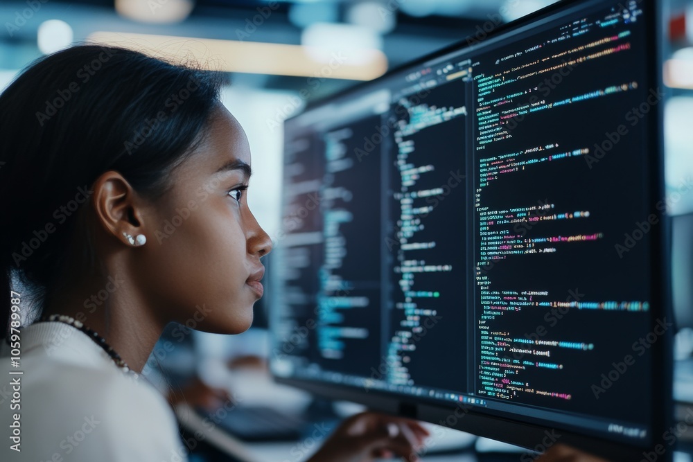 Poster the woman concentrates intensely while coding, eyes fixed on the computer screen as she navigates th
