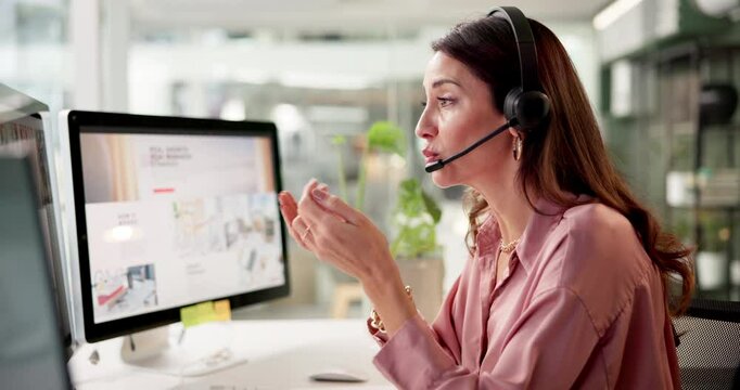 Computer, conversation and feedback with woman in call center office for advice or consulting. Communication, headset and support with happy customer service employee in workplace for telemarketing
