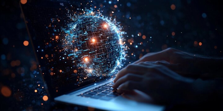 Hands type swiftly against a backdrop of a glowing digital sphere, capturing the essence of connectivity and the endless possibilities in the technology-driven age.