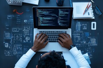 An overhead view of a developer typing on a laptop surrounded by design and code schematics, symbolizing creativity and the world of software development.