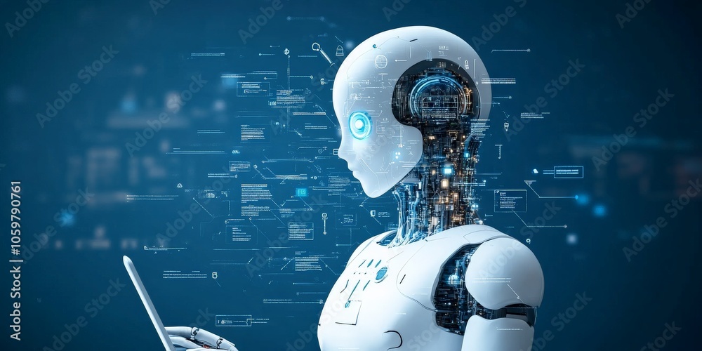 Poster a humanoid ai robot attentively examines intricate data visualizations on a digital interface, symbo