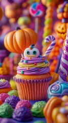 Design a playful scene of Halloween sweets, showcasing professionally made treats like happy cupcakes and colorful candies,