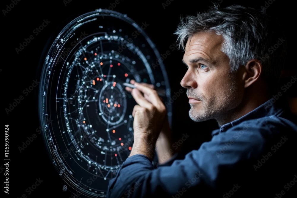 Poster a man deeply focuses on a holographic interface with intricate designs, exploring technological poss