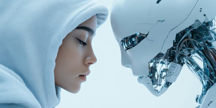 A woman in a hood stares intently at a sleek white robot, exploring the intimate and intricate relationship between humans and machines in a modern context.