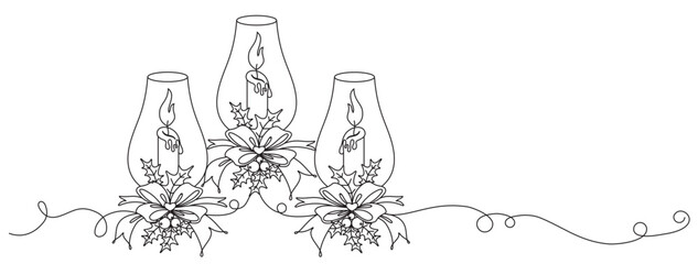 Line art style vector illustration of three Christmas candles and christmas baubles