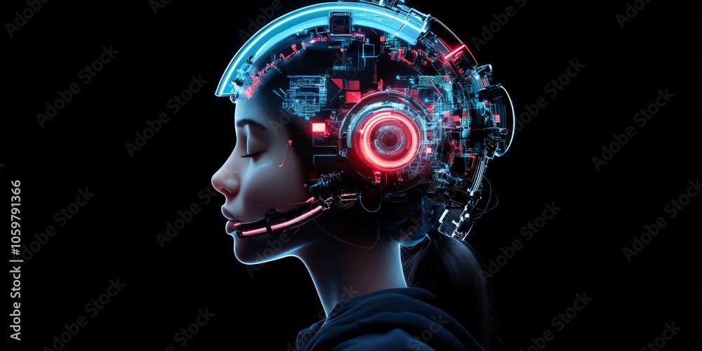 Poster an advanced cyborg features a complex array of glowing circuits and neon lights, exemplifying the in