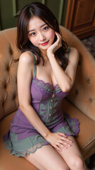 淡い紫とグリーンのコントラストが美しいルームウェアを着てクラシカルな椅子に座る女性、片手で頬に触れる優雅なポーズ、リラックスした雰囲気が漂う室内、フリルのディテールが愛らしい