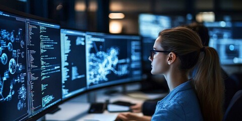 A female programmer focuses on digital maps displayed across several screens, underscoring her expertise in data management and geographic information systems technologies.