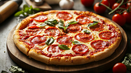 Delicious pepperoni pizza topped with fresh basil on a wooden board surrounded by ingredients