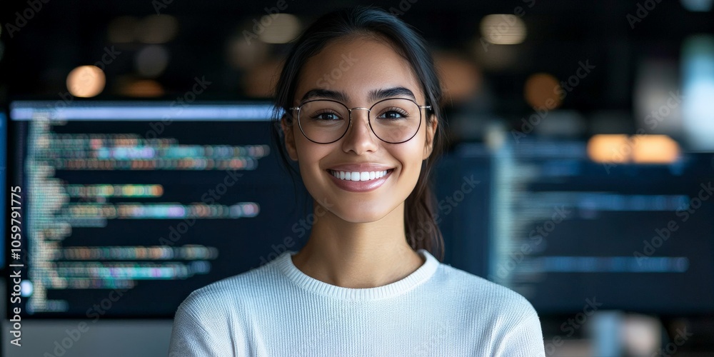 Poster a smiling person with glasses is in focus, surrounded by computer screens displaying lines of code, 