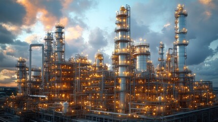 Fototapeta premium Illuminated Industrial Refinery Complex at Sunset