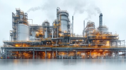 Industrial Complex with Smoke Plumes and Fog