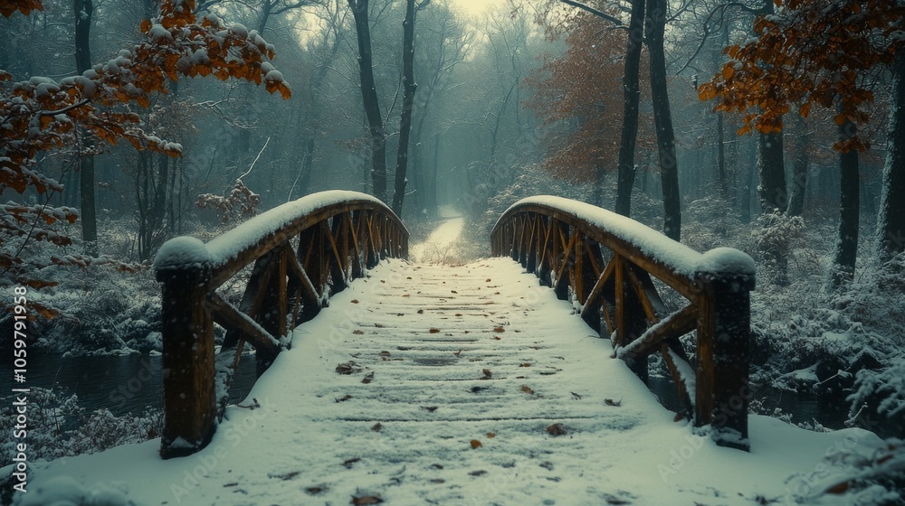 Poster a tranquil wooden bridge blanketed in snow creates a picturesque pathway into a serene winter forest