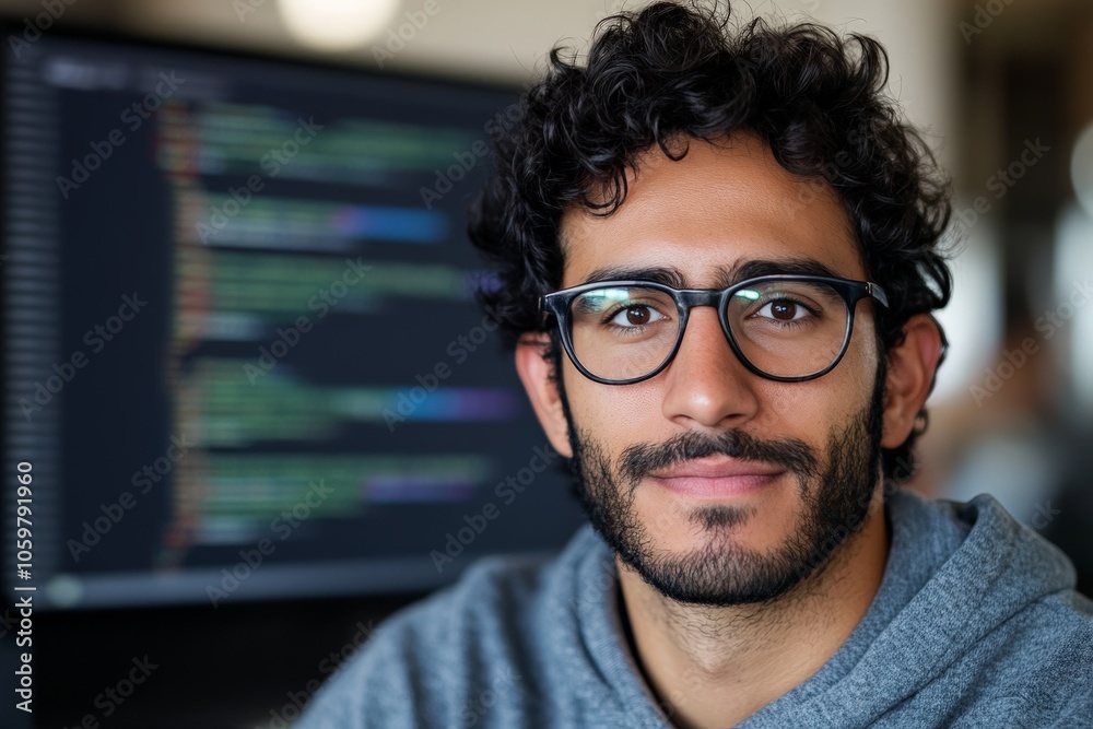 Poster a young software engineer with curly hair and glasses sits confidently at his desk working on comput