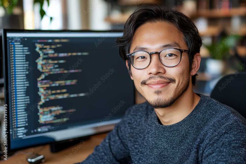 Poster a confident developer seated in front of an intricate code display shows mastery in software develop