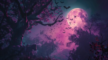 Fototapeta premium Mystical Halloween Scene: Dark Forest with Bats Flying Under a Full Moon