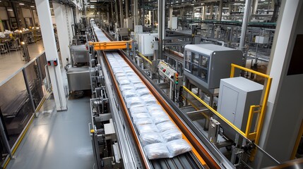Automated machinery in a petrochemical plant producing plastic bags, with conveyor belts carrying freshly cut bags from the production line to packaging stations.