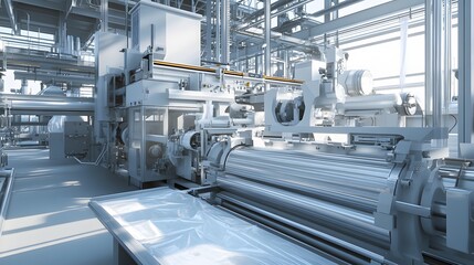 The internal workings of a plastic bag production machine in a petrochemical facility, with extrusion, molding, and cutting processes all happening in sequence.