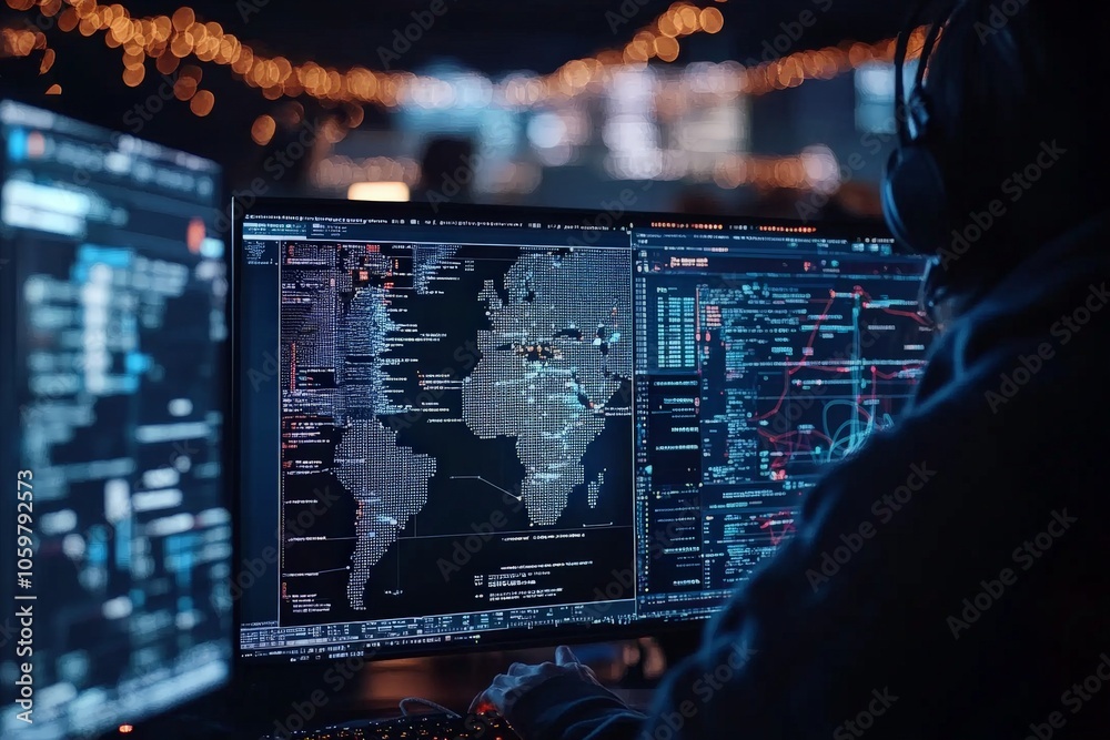 Poster a professional working on a multi-monitor setup, analyzing global networks and data, illustrating th