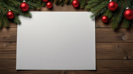 Greeting card christmas mockup with fir tree branches on dark wooden background