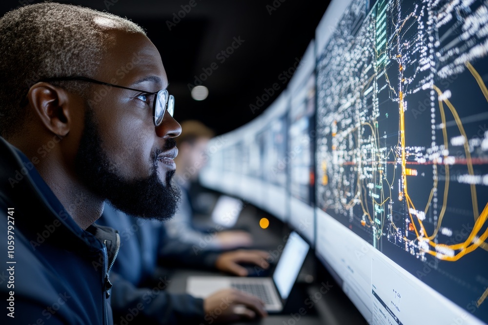 Poster a focused man closely observes intricate computer systems and data patterns on a wide display, empha