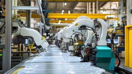 Fototapeta premium The complex mechanical arms of a plastic bag production machine in a petrochemical facility, precisely cutting and sealing polymer sheets into bags.