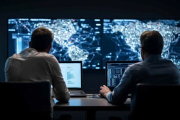 Two professionals work side by side analyzing geographic data systems on computers, reflecting teamwork, precision, and information processing in technology.