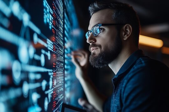 A tech professional examines a digital data interface with precision, highlighting technological expertise, data examination, and analytical perspectives.