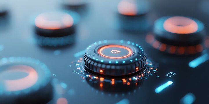 A high-tech control panel features glowing dials and buttons, exuding modern design and technological advancement, ideal for managing futuristic systems.