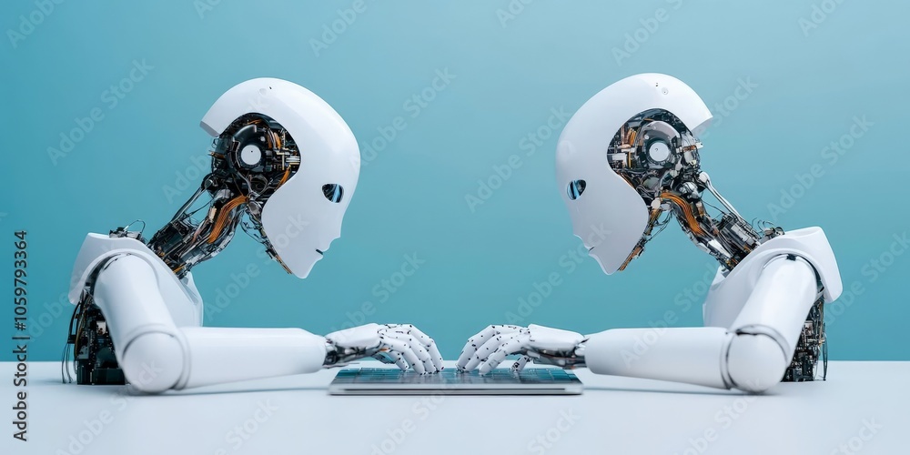Poster two humanoid robots face each other with a laptop on a table, representing a concept of artificial i