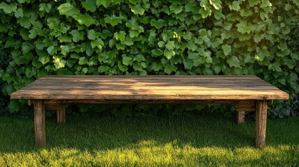 Fototapeta premium Rustic Wooden Table Against Green Foliage Background