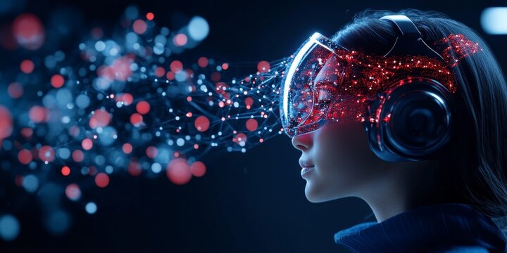 A woman wearing a futuristic glowing VR headset, surrounded by digital particles and a virtual network, symbolizing technology's future trends. - Powered by Adobe