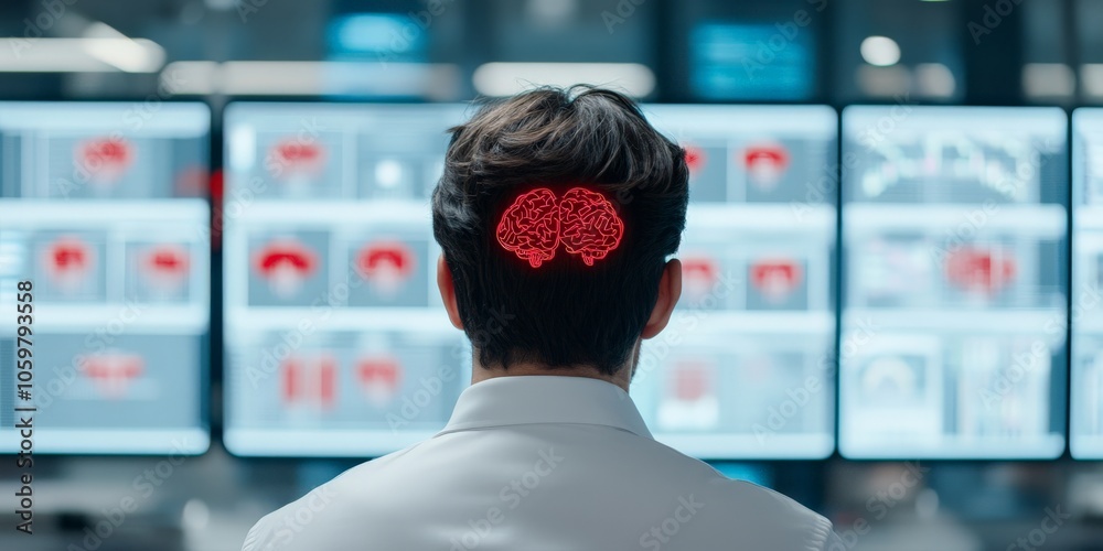 Poster a man is seen from behind viewing multiple monitors with a digital overlay of a brain, symbolizing t