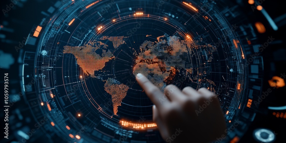 Poster A digital world map with an interactive interface depicts connectivity and network representation, emphasizing the global interconnection in a tech age.