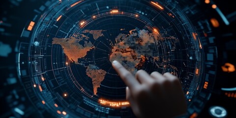A digital world map with an interactive interface depicts connectivity and network representation, emphasizing the global interconnection in a tech age.