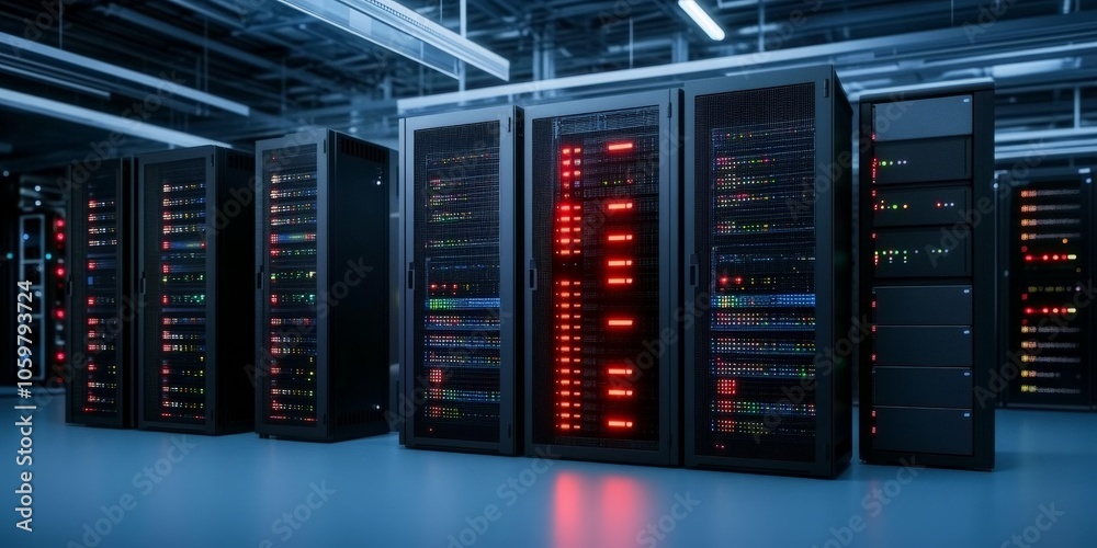 Poster a row of high-tech server racks illuminated by vibrant and colorful led lights, showcasing an advanc