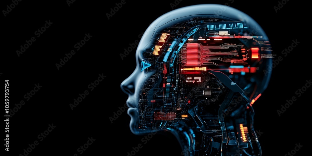 Poster a high-tech digital structure in profile view resembling a neural network, highlighting the advanced